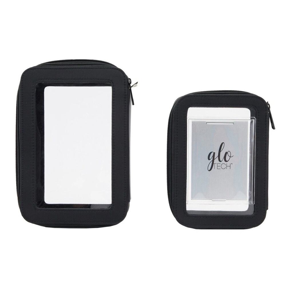 Glo Tech 3 Piece Set Cosmetic Bag Duo +Compact Mirror, Black